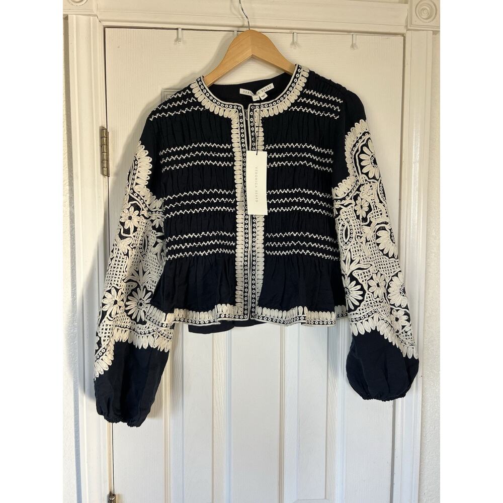 Veronica Beard womens navy/off white Dorian embroidered linen blend jacket NWT S - Picture 8 of 13